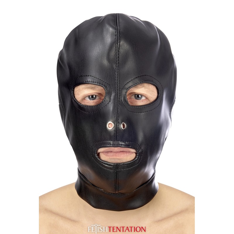 Cagoule BDSM 3 ouvertures en simili cuir - Fetish Tentation Cagoule BDSM 3 ouvertures en simili cuir - Fetish Tentation